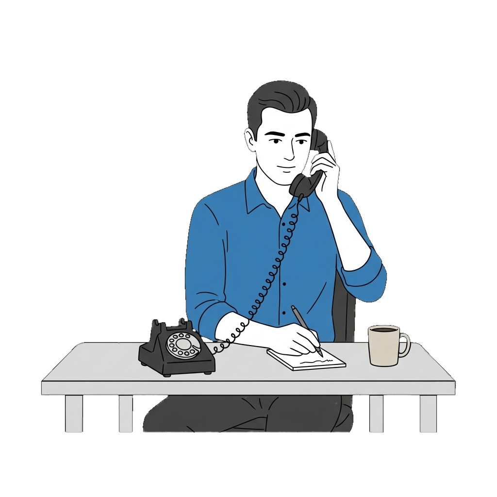 Kai at a desk, on the phone and taking notes