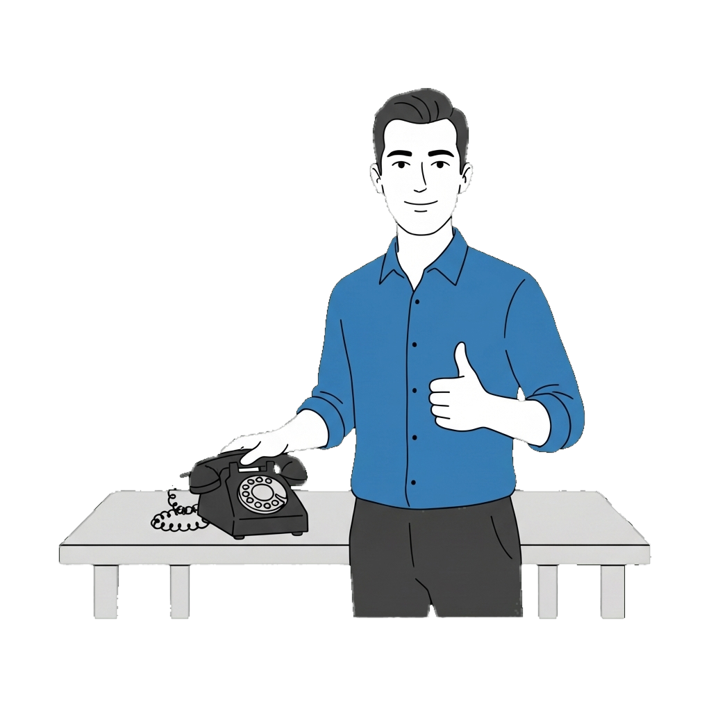 Kai giving a thumbs up next to a desk phone